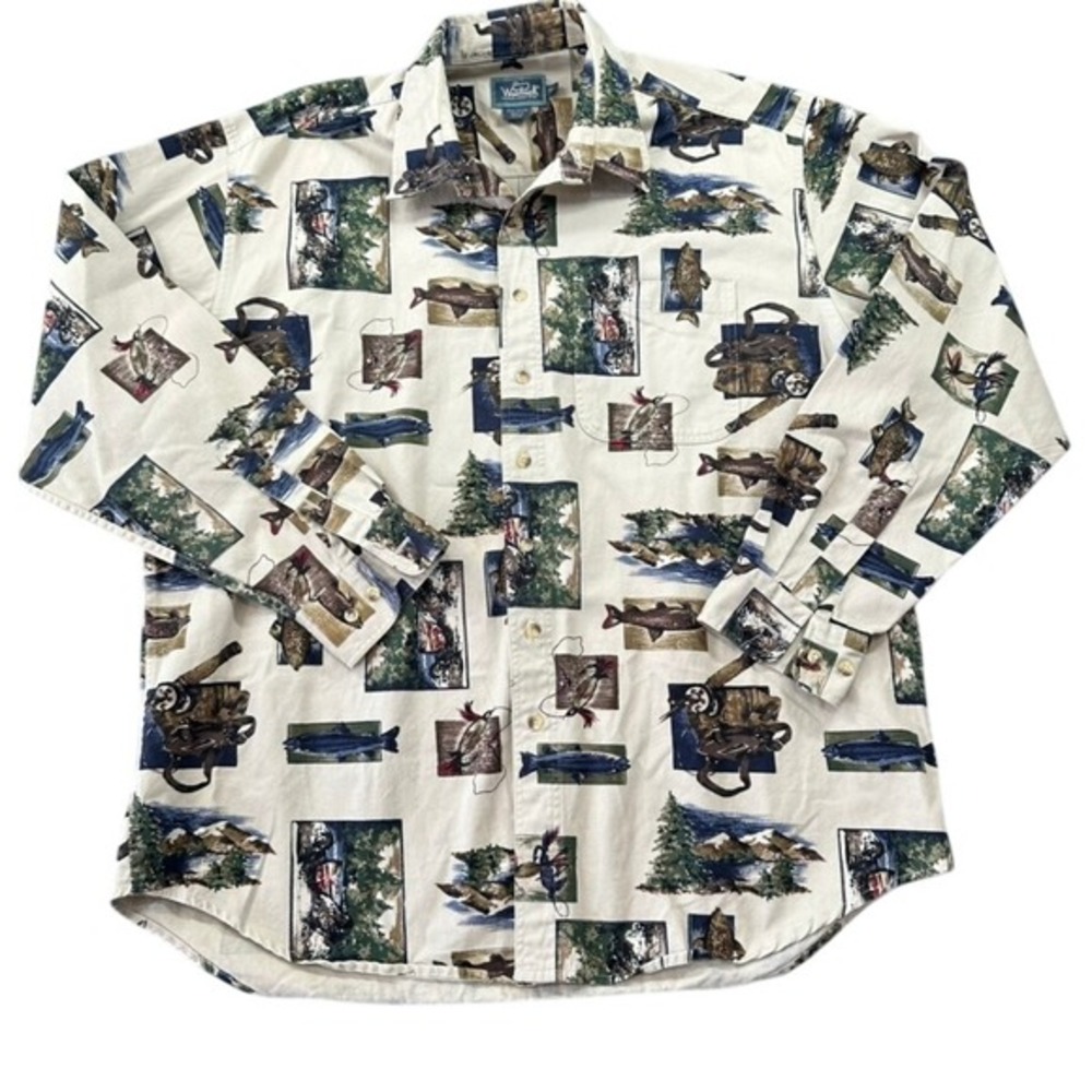 Woolrich Mens XL Fly Fishing Print Button Down Shirt Long Sleeve Cotton Tan